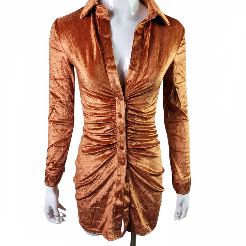 Ruched Long Sleeve Mini Shirt Dress - Picture 5 of 15